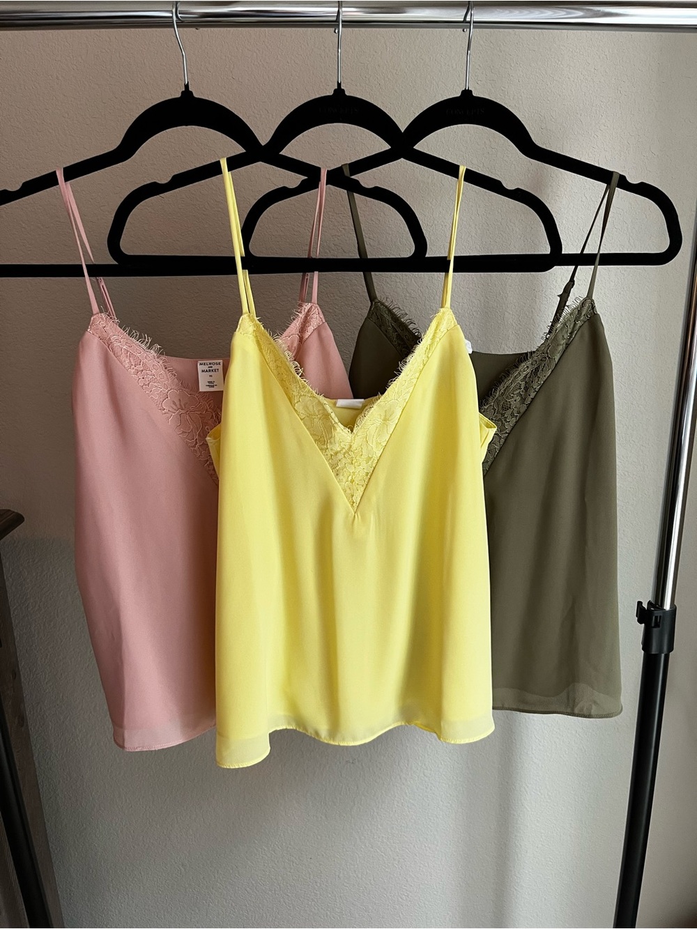 Melrose and Market Lace-Trim Spaghetti Strap Camisoles — Yellow, Pink, Olive